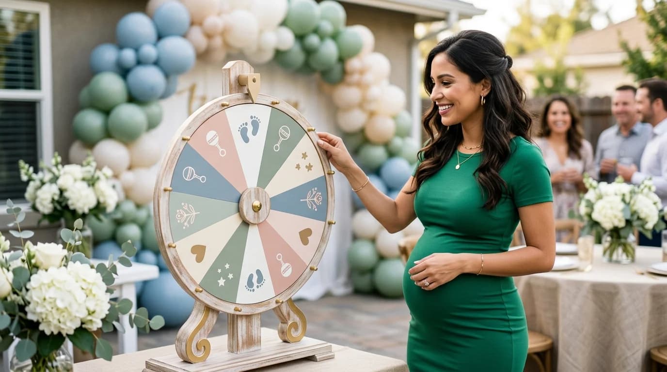 Colorful baby shower decorations and gifts — perfect backdrop for spinner wheel name games