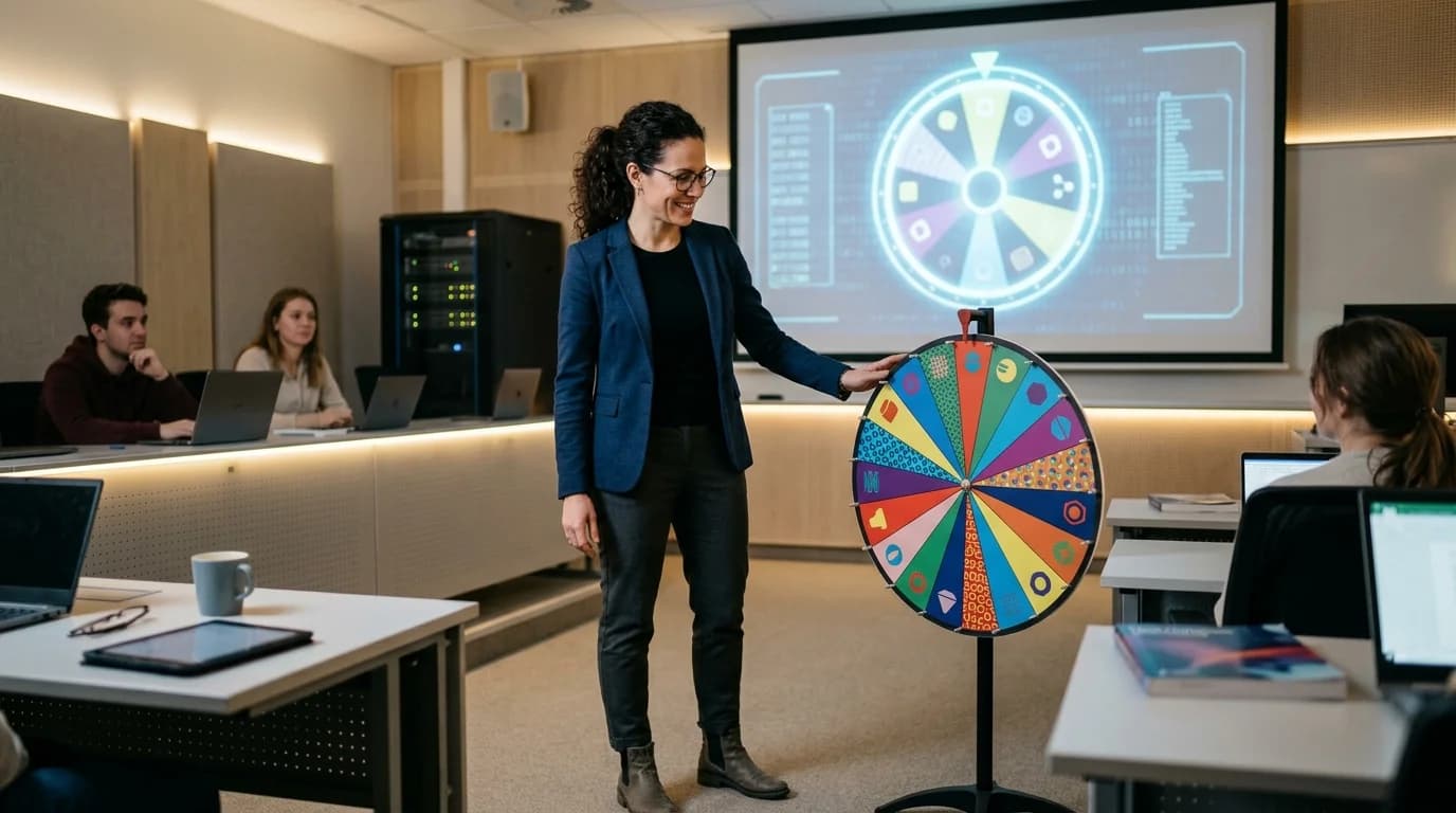 Students working on group projects with fair random selection tools