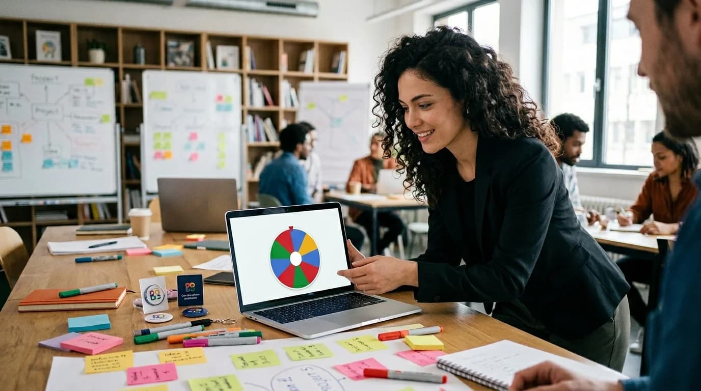 Remote classroom setting with teacher using offline name picker wheel tool without internet connection