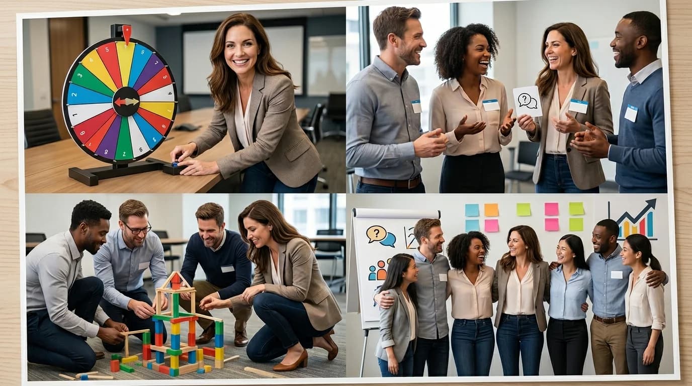 Team members collaborating and laughing in a modern office setting during a team building activity