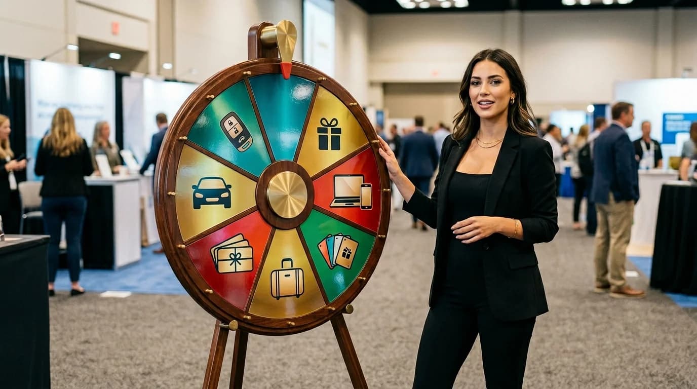 Wheel spinner for giveaways showing colorful spinning wheel with prize sections and excited participants