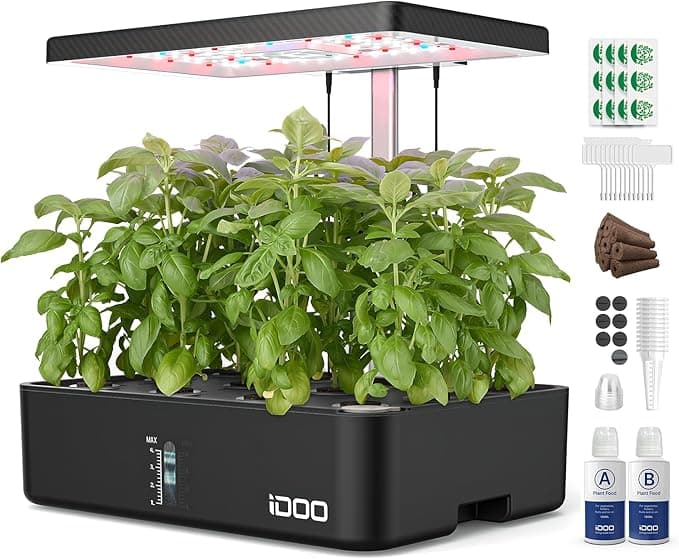 iDOO indoor hydroponic garden with fresh herbs under LED lights