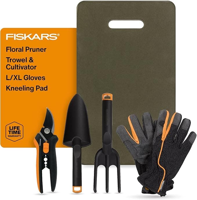 Fiskars Flower Gardening Tool Set with Floral Pruner, Trowel, Cultivator, Garden Gloves, and Ultra-Light Kneeling Cushion for Outdoor Use (5 Piece Kit) - Essential Tools gardening gift