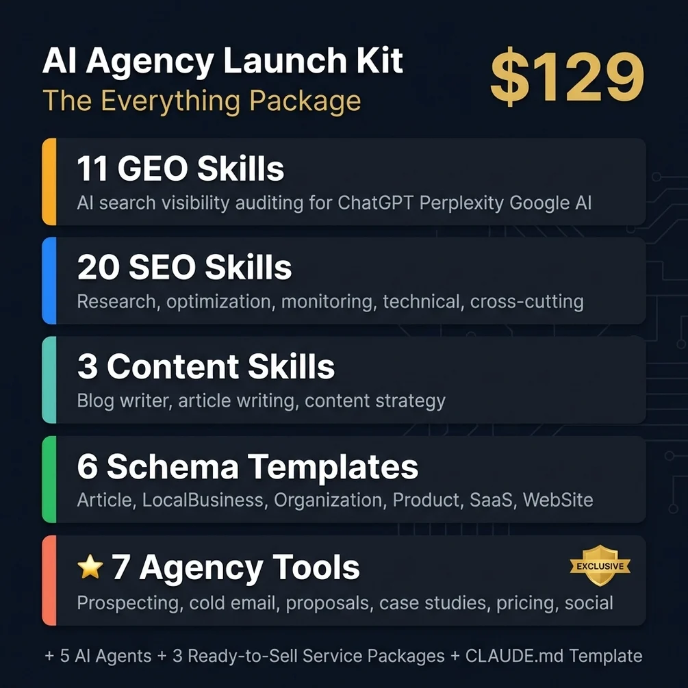 AI Agency Launch Kit — 37 skills, 5 agents, 3 service packages, 6-phase workflow