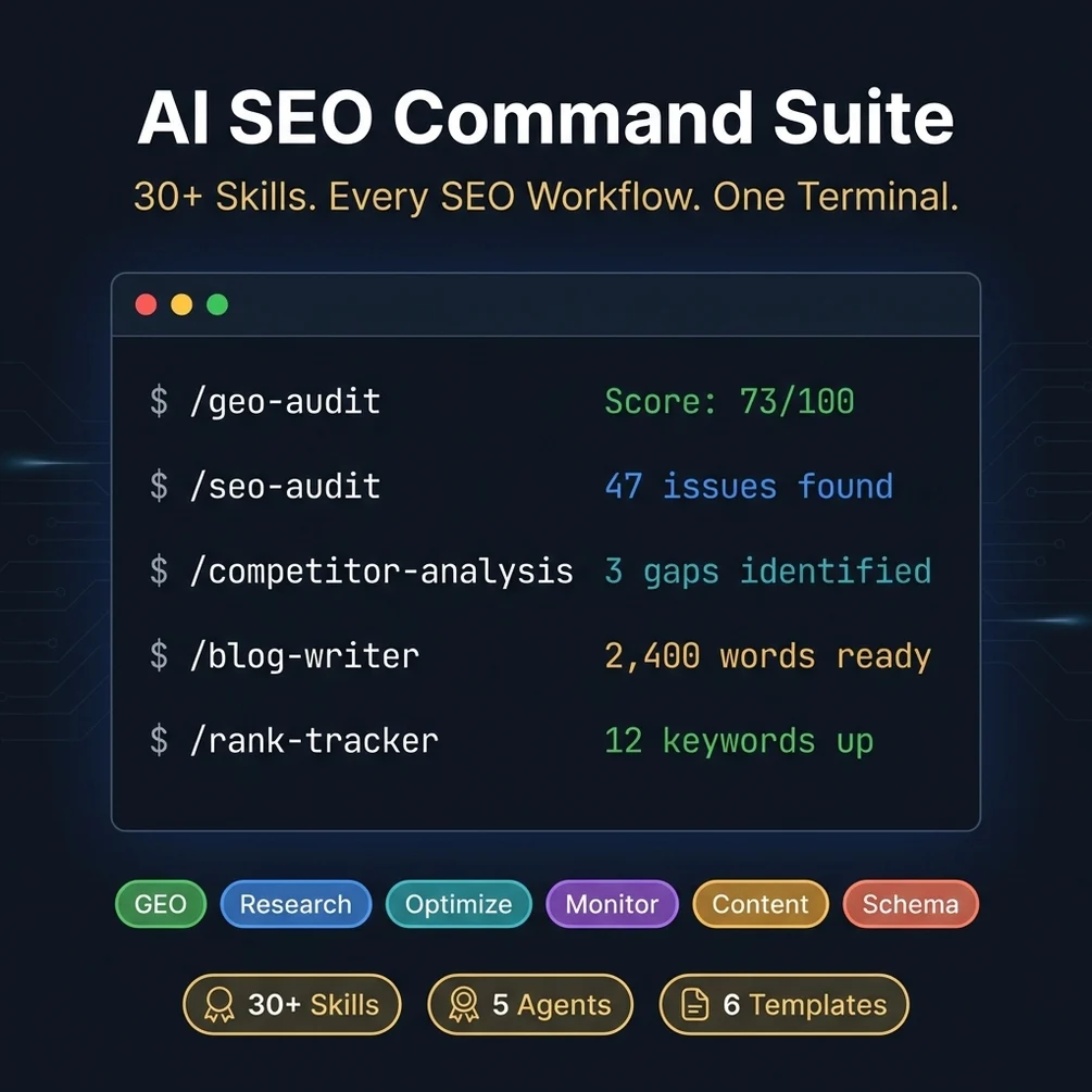 AI SEO Command Suite — 30+ Claude Code skills for complete SEO and AI search optimization
