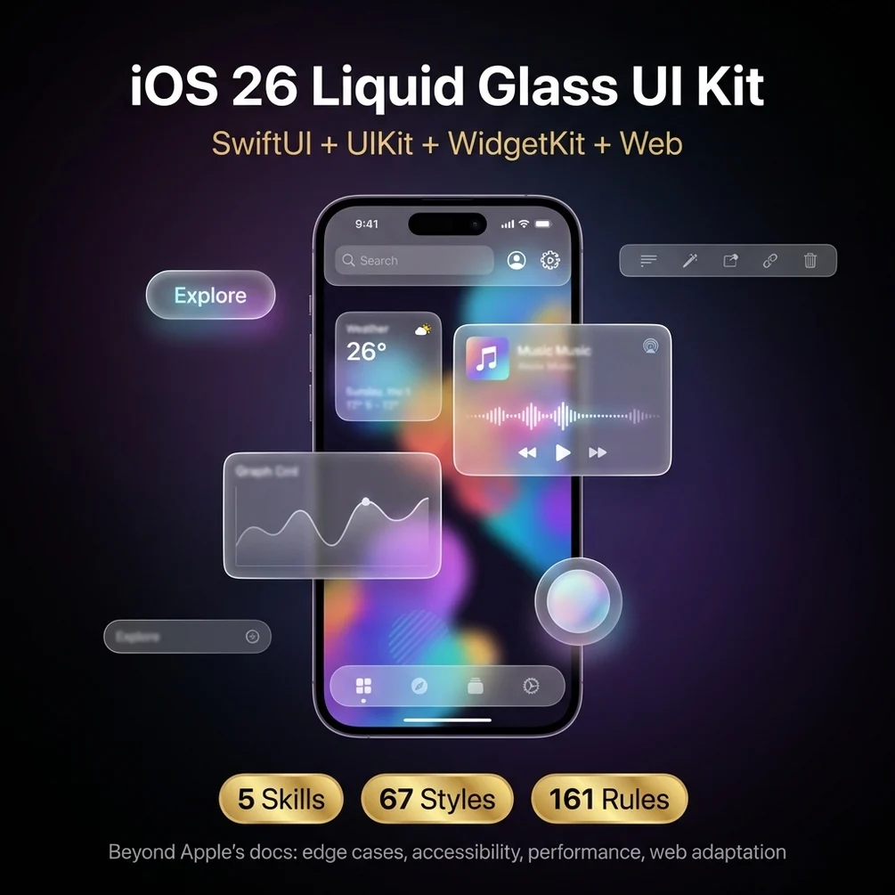 iOS 26 Liquid Glass UI Kit — 5 Claude Code skills, 67 styles, 161 design rules